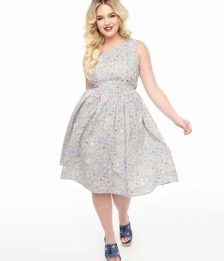 Unique Vintage Fit & Flare|Pocket Dresses>1950s Ice Blue Wonderland Print Fit & Flare Dress