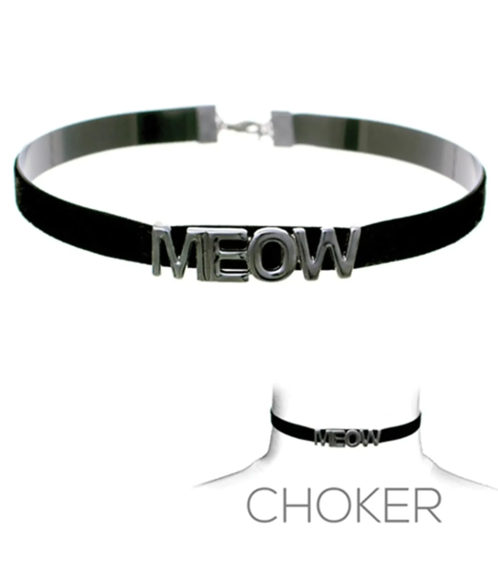 Unique Vintage Necklaces>Silver & Black Meow Choker