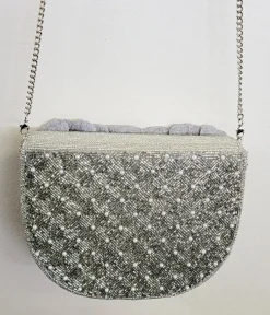 Unique Vintage Novelty Bags>Silver Flower Beaded Crossbody Bag
