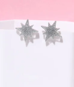 Unique Vintage Earrings>Silver Glitter Atomic Star Stud Earrings