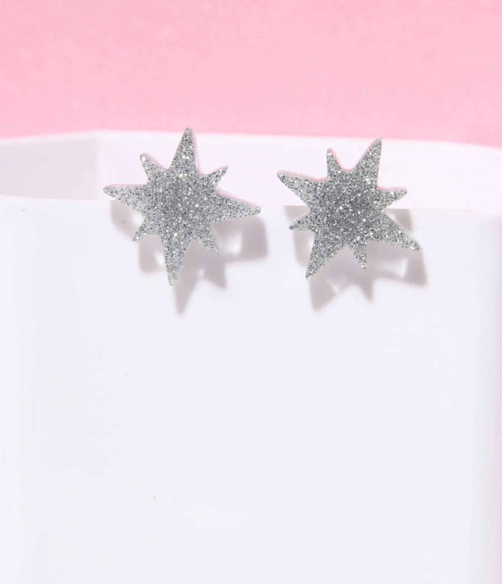 Unique Vintage Earrings>Silver Glitter Atomic Star Stud Earrings