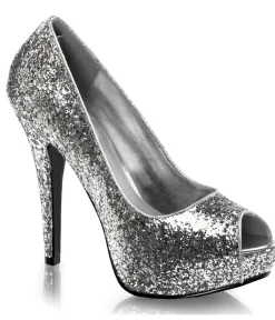 Unique Vintage Special Occasion|Heels>Silver Glitter Peep Toe Pumps