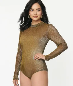 Unique Vintage Blouses>Silver & Gold Long Sleeve Sheer Bodysuit