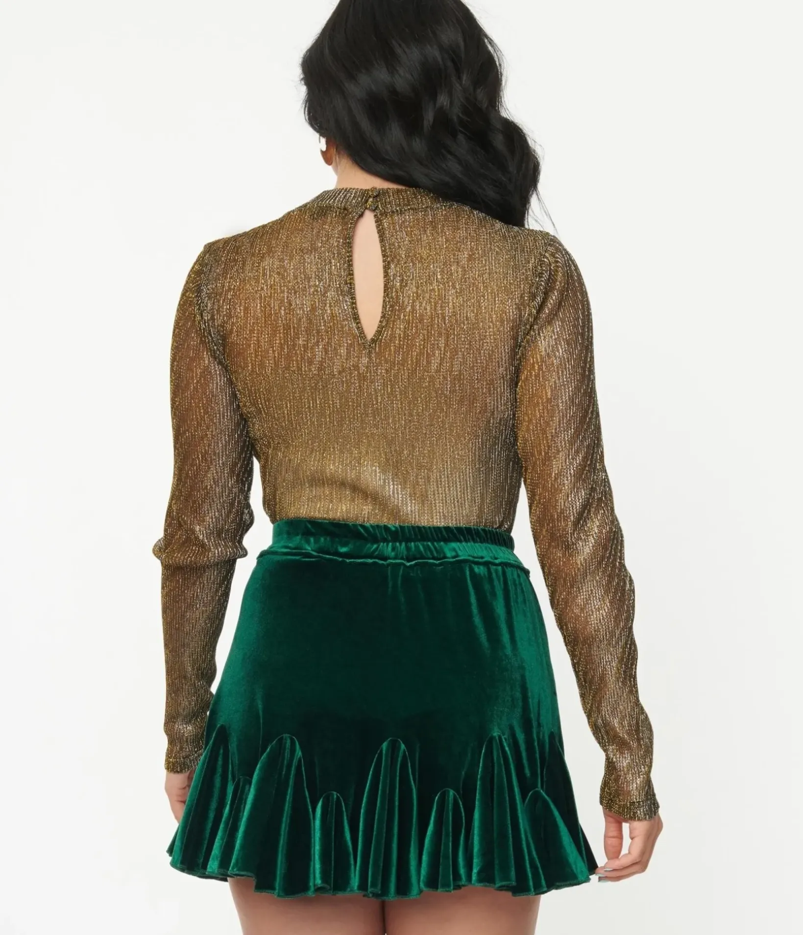 Unique Vintage Blouses>Silver & Gold Long Sleeve Sheer Bodysuit