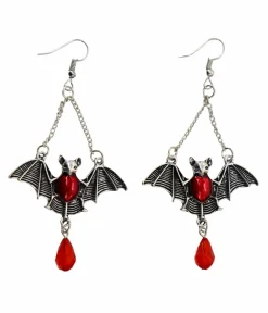 Unique Vintage All Things Red|Earrings>Silver & Red Gem Bat Dangle Earrings