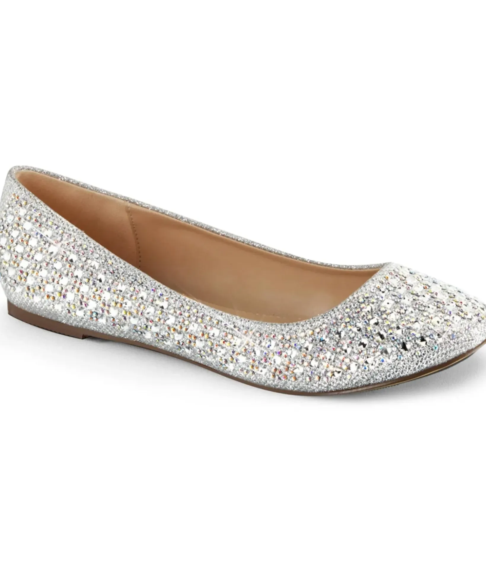 Unique Vintage Special Occasion|Flats>Silver Rhinestone Round Toe Flats