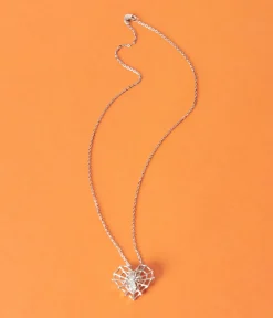 Unique Vintage Halloween|Necklaces>Silver Rhinestone Spider Love Necklace
