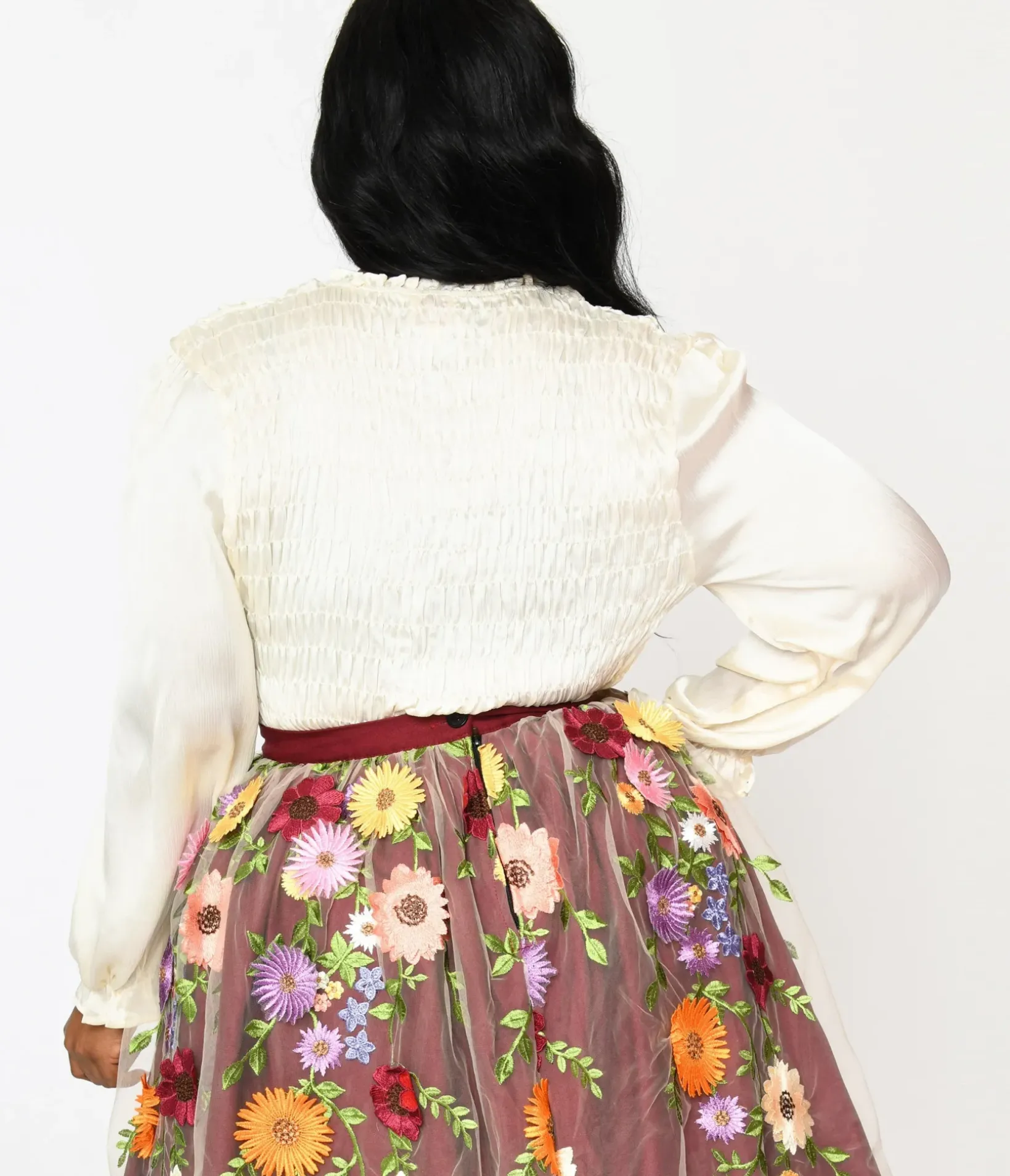 Unique Vintage Blouses|Blouses>1970s Ivory Satin Smocked Ruffle Trim Blouse