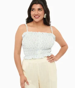 Unique Vintage Blouses>1970s Light Blue Daisy Smocked Crop Top