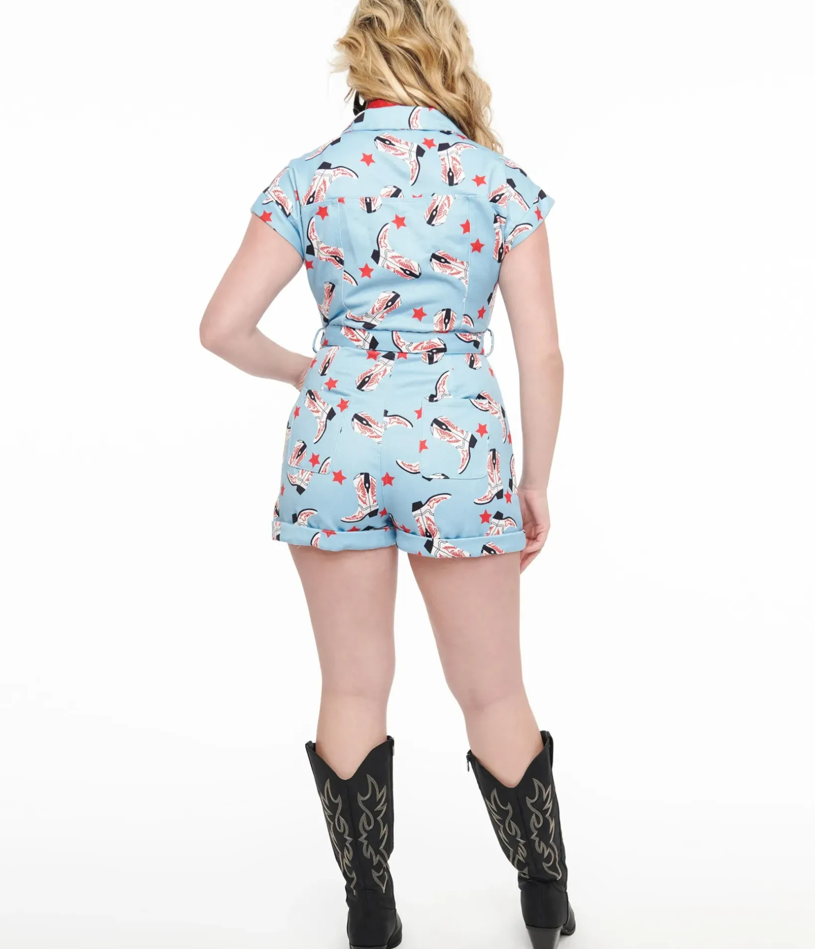 Unique Vintage Rompers & Jumpsuits|All Things Red>1970s Light Blue & Red All Over Boots Print Romper