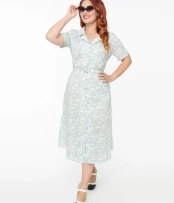 Unique Vintage Pocket Dresses|Everyday Dresses>1940s Light Blue & White Cat Print Cotton Midi Dress
