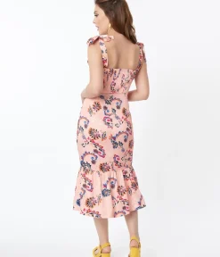 Unique Vintage All Things Pink>1940s Light Pink & Paisley Floral Print Devika Pencil Dress