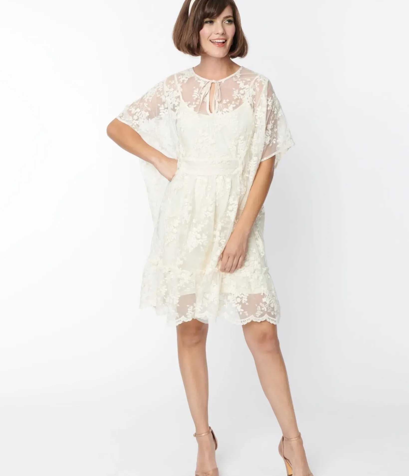Unique Vintage Maxi|Caftans>Smak Parlor 1970s Ivory Embroidered Lace Mini Caftan