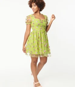 Unique Vintage Babydoll|Babydoll>Smak Parlour Avocado & Pink Strawberry Print Woodstock Flare Dress