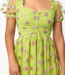 Unique Vintage Babydoll|Babydoll>Smak Parlour Avocado & Pink Strawberry Print Woodstock Flare Dress