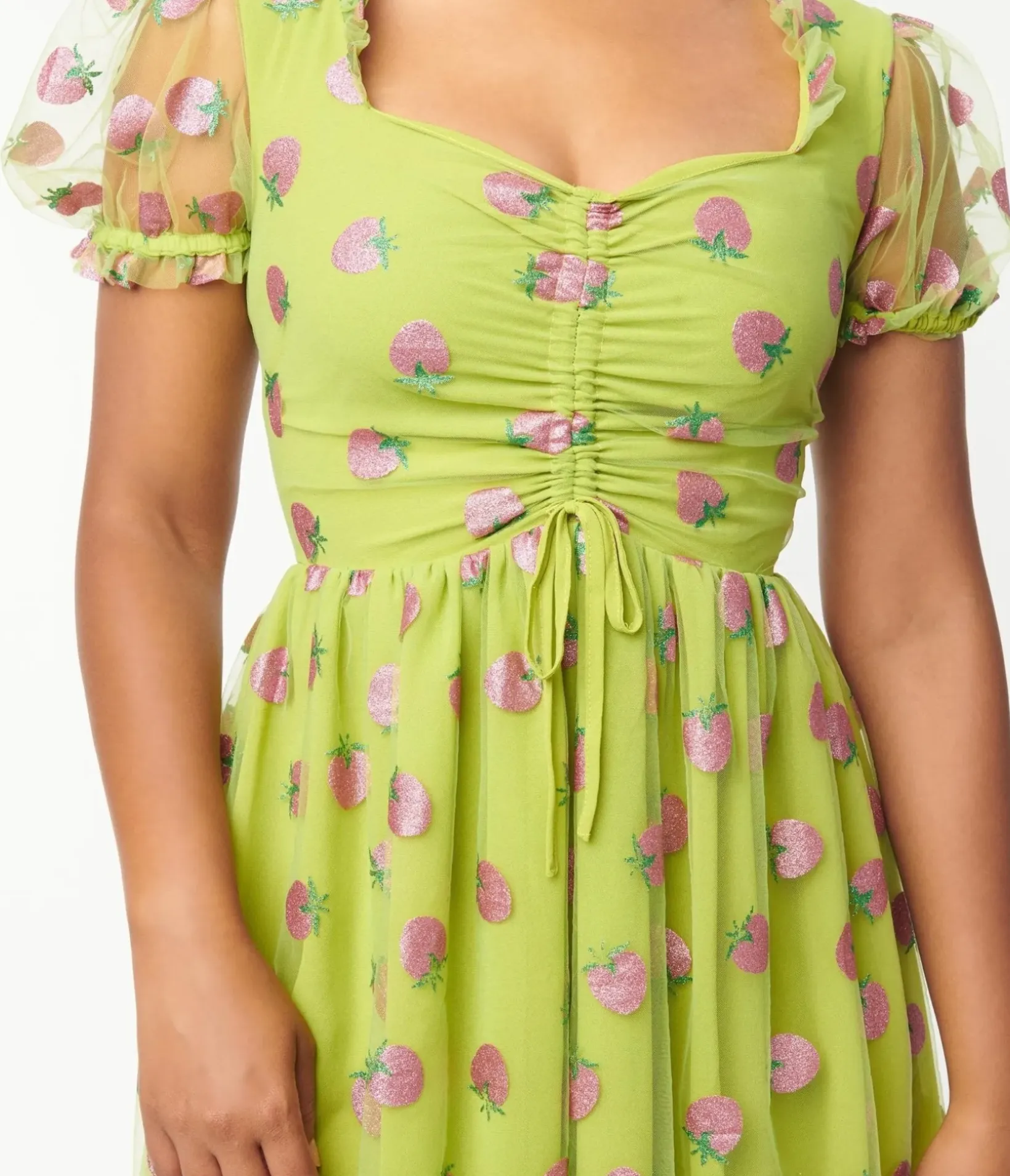 Unique Vintage Babydoll|Babydoll>Smak Parlour Avocado & Pink Strawberry Print Woodstock Flare Dress