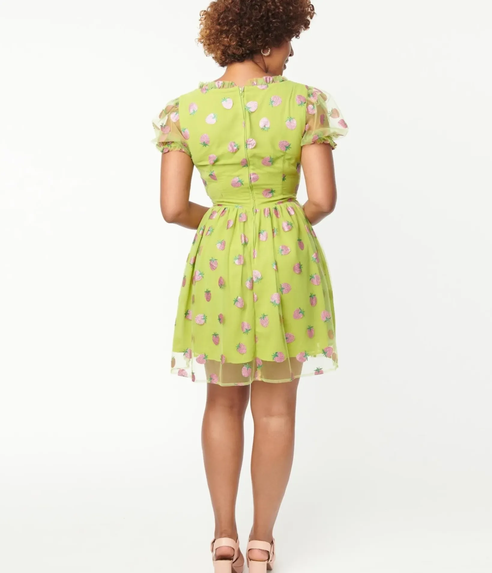 Unique Vintage Babydoll|Babydoll>Smak Parlour Avocado & Pink Strawberry Print Woodstock Flare Dress