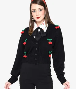 Unique Vintage Sweaters & Cardigans|All Things Black>Smak Parlour Black Cherries Cropped Knit Cardigan