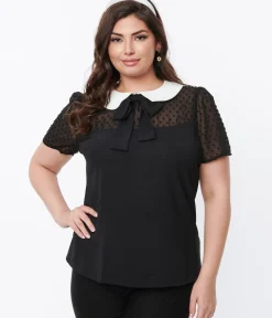 Unique Vintage Blouses|Blouses>Smak Parlour Black Clipdot & White Collared Bow Blouse