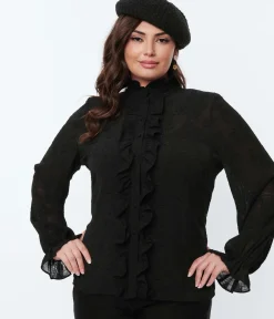 Unique Vintage All Things Black|Work Wear>Smak Parlour Black Floral Ruffle Neck Blouse