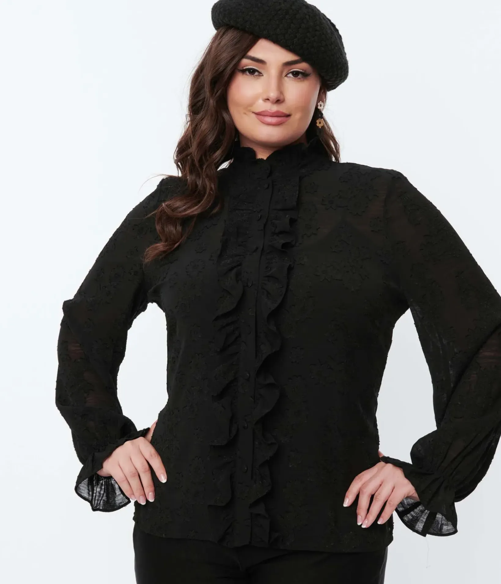 Unique Vintage All Things Black|Work Wear>Smak Parlour Black Floral Ruffle Neck Blouse
