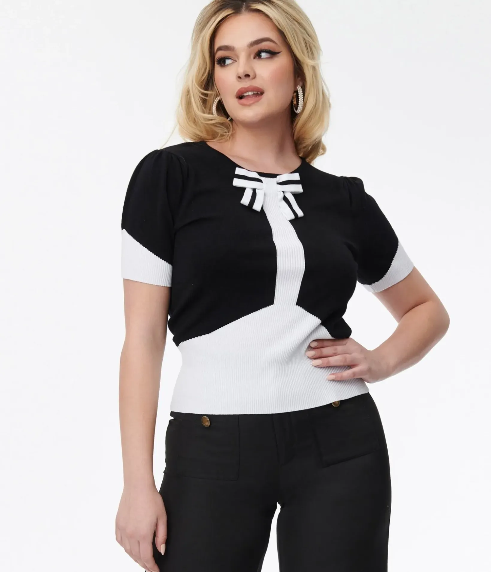 Unique Vintage Sweaters & Cardigans|Sweaters & Cardigans>Smak Parlour Black & Ivory Bow Short Sleeve Sweater