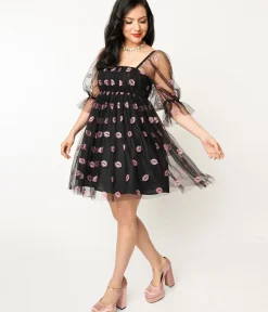 Unique Vintage Babydoll|Babydoll>Smak Parlour Black & Pink Glitter Lips Love Interest Babydoll Dress
