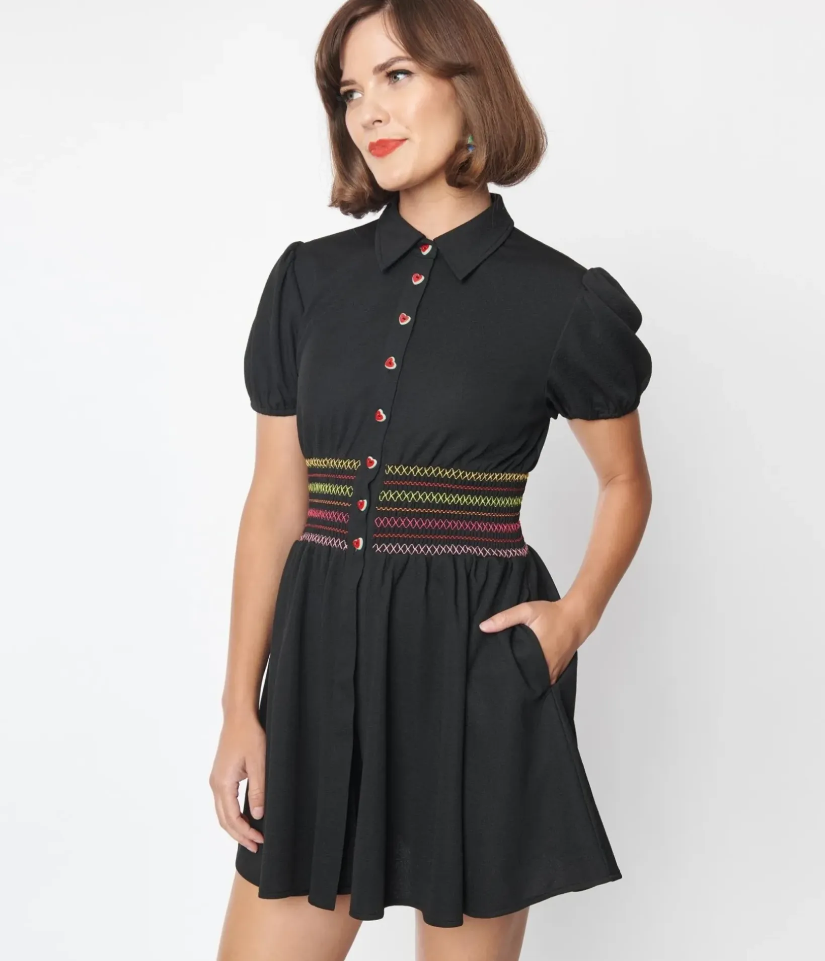 Unique Vintage All Things Black>Smak Parlour Black & Rainbow Smocked Babydoll Blouse