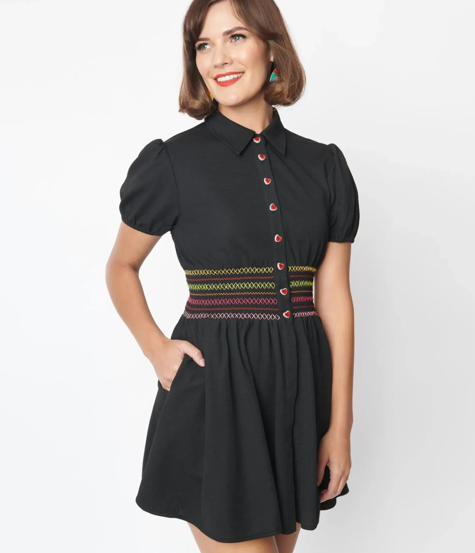 Unique Vintage All Things Black>Smak Parlour Black & Rainbow Smocked Babydoll Blouse