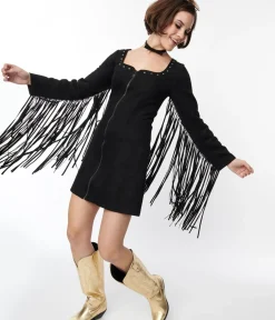 Unique Vintage Everyday Dresses|All Things Black>Smak Parlour Black Suede Shift Fringe Dress