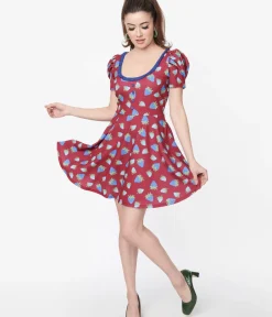 Unique Vintage Fit & Flare|Pocket Dresses>Smak Parlour Burgundy & Blue Strawberry Group Chat Flare Dress