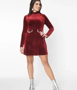 Unique Vintage Fit & Flare|Fit & Flare>Smak Parlour Burgundy Sparkly Velvet Mock Turtleneck Fit & Flare Dress