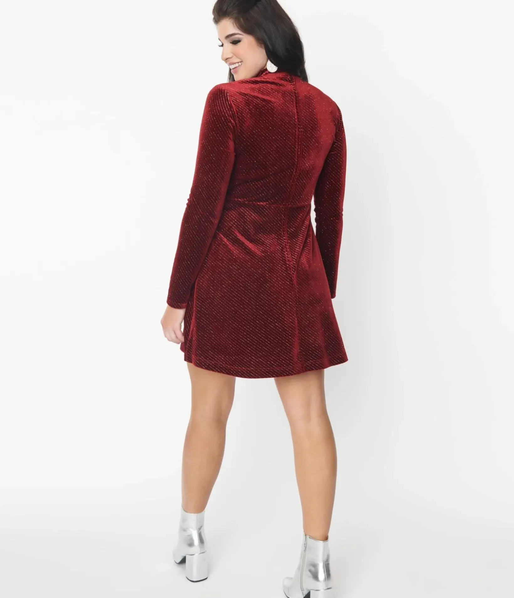 Unique Vintage Fit & Flare|Fit & Flare>Smak Parlour Burgundy Sparkly Velvet Mock Turtleneck Fit & Flare Dress
