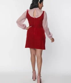 Unique Vintage Everyday Dresses|All Things Pink>Smak Parlour Burgundy Velvet & Pink Bow Neck Shift Dress