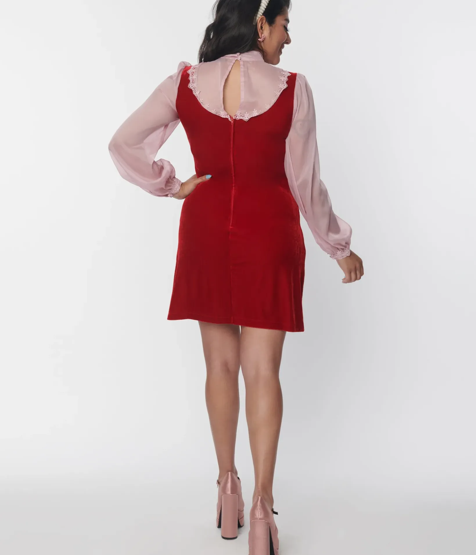 Unique Vintage Everyday Dresses|All Things Pink>Smak Parlour Burgundy Velvet & Pink Bow Neck Shift Dress