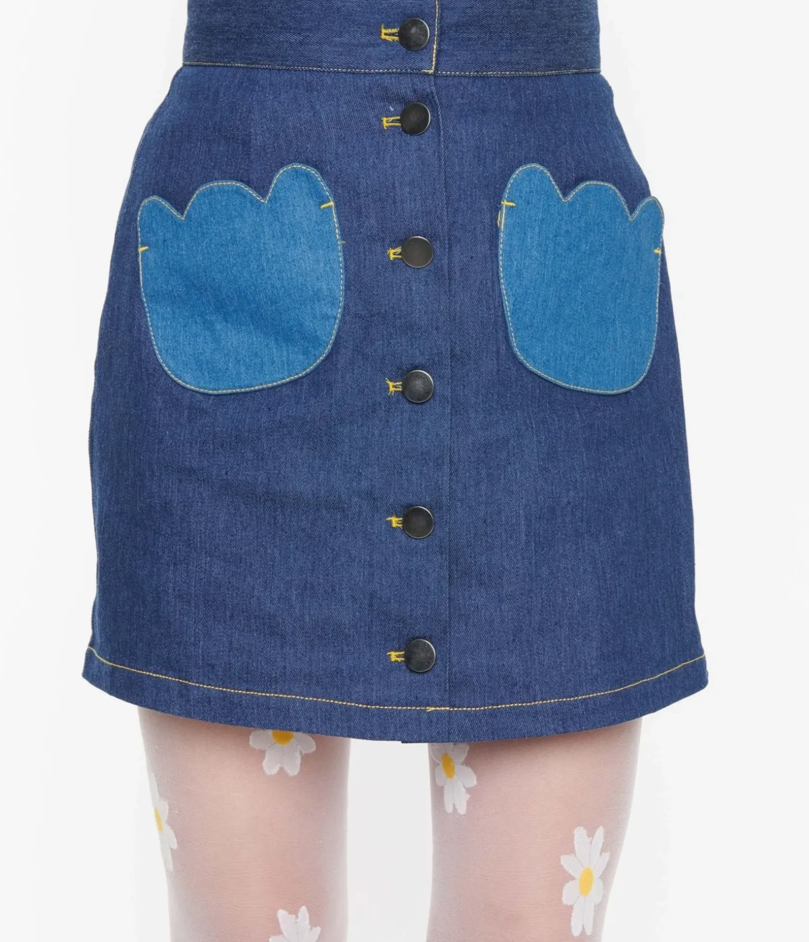 Unique Vintage Skirts>Smak Parlour Dark Denim Tulip Match Game Mini Skirt