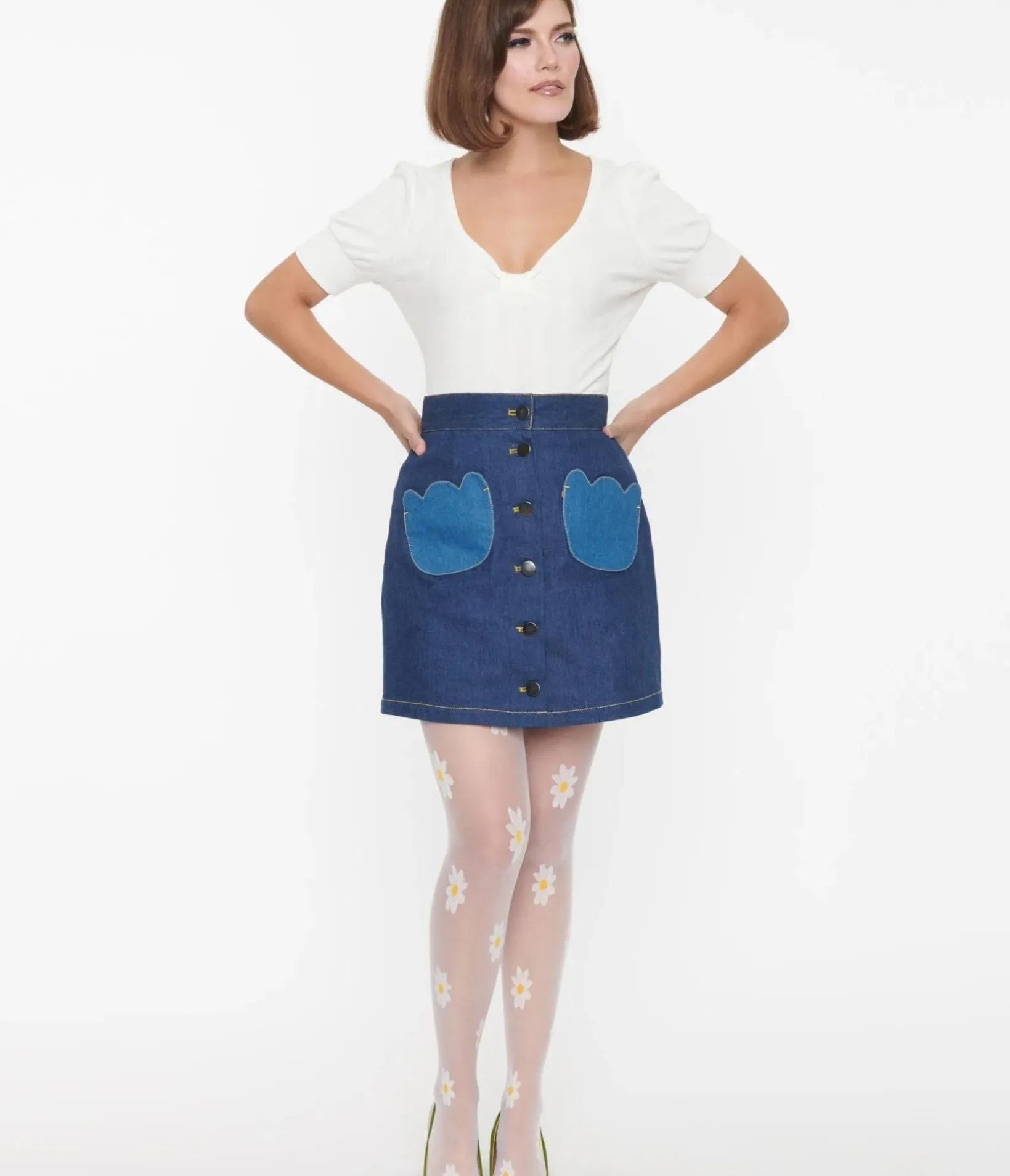 Unique Vintage Skirts>Smak Parlour Dark Denim Tulip Match Game Mini Skirt