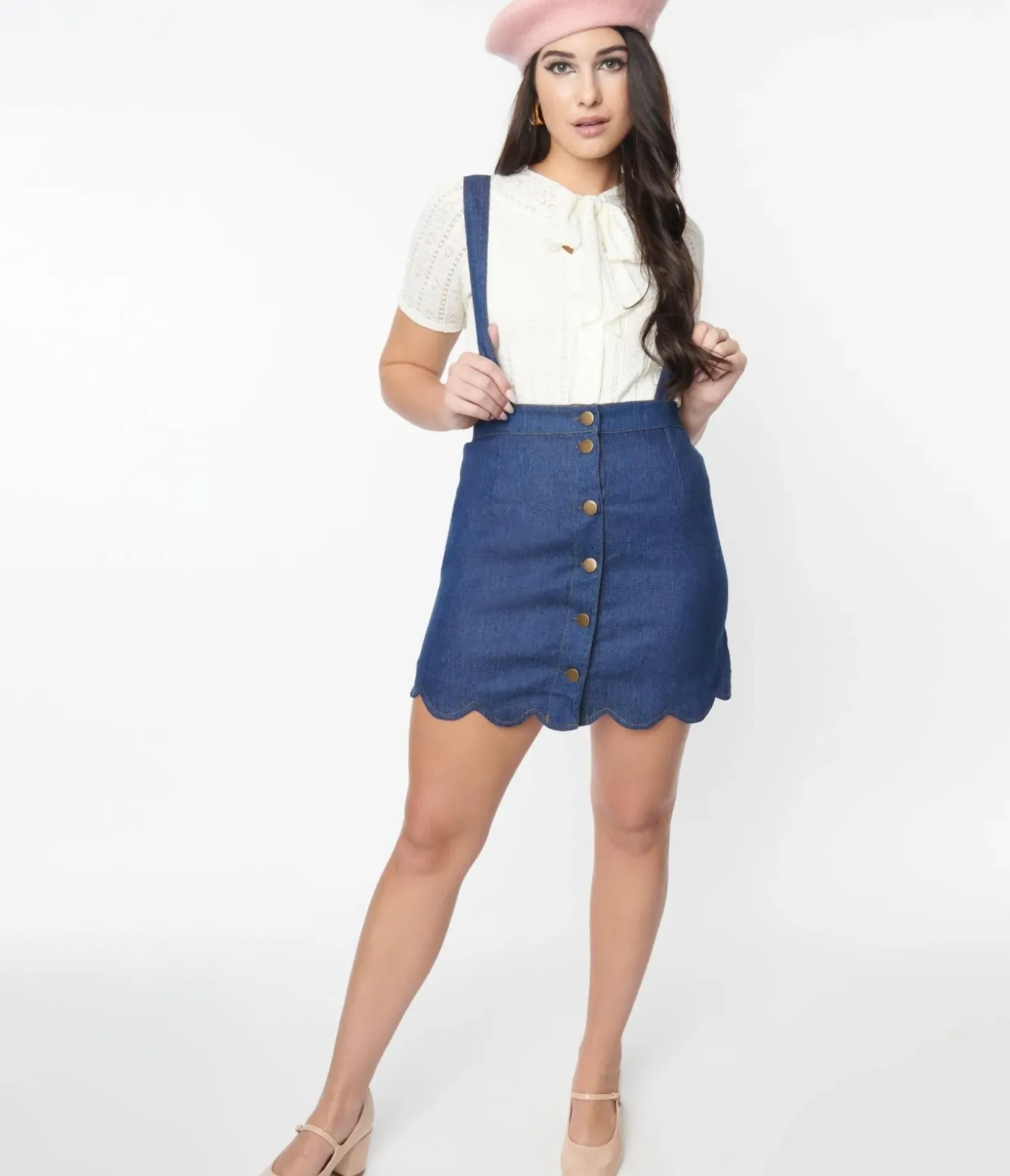 Unique Vintage Skirts>Smak Parlour Denim Blue Suspender Mini Skirt