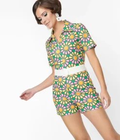Unique Vintage Rompers & Jumpsuits|Concert & Festivals>Smak Parlour Green & Pink Mod Daisy Belted Romper