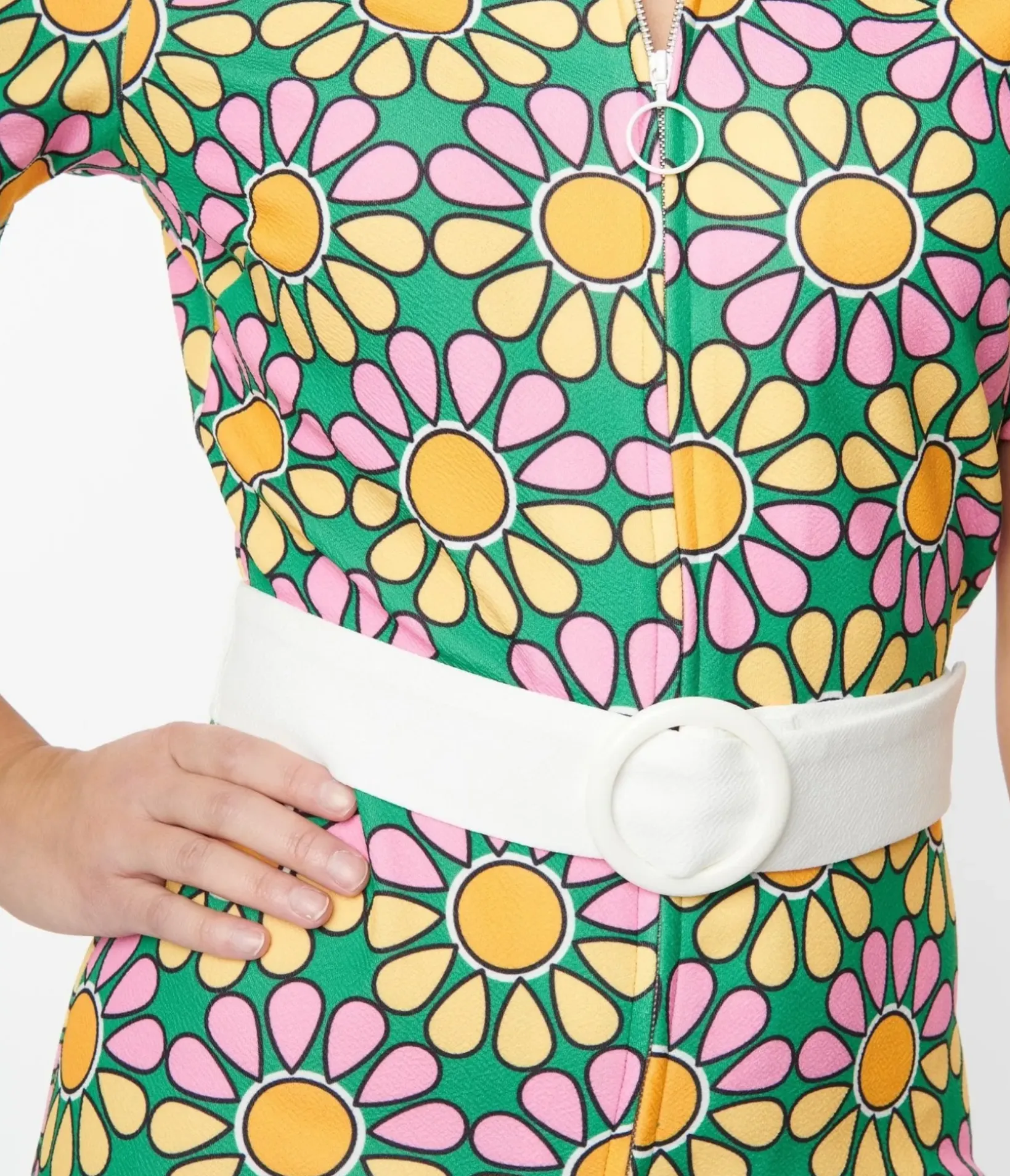 Unique Vintage Rompers & Jumpsuits|Concert & Festivals>Smak Parlour Green & Pink Mod Daisy Belted Romper