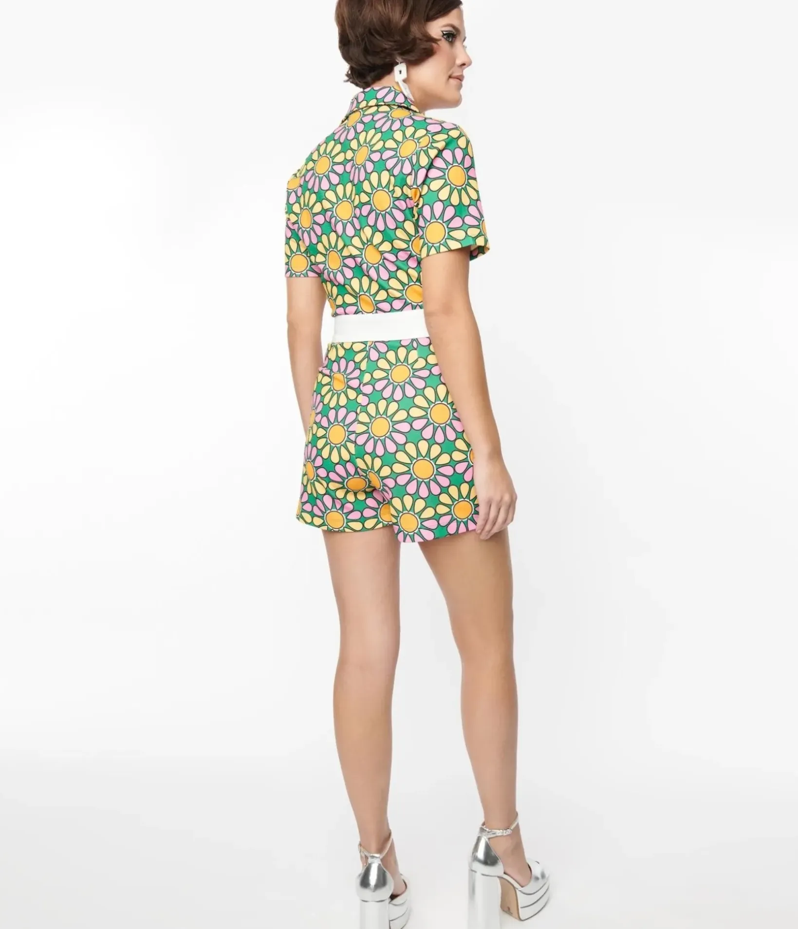 Unique Vintage Rompers & Jumpsuits|Concert & Festivals>Smak Parlour Green & Pink Mod Daisy Belted Romper