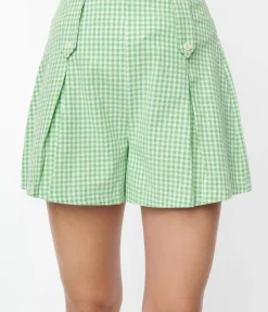 Unique Vintage Shorts>Smak Parlour Green & White Gingham Pleated Shorts