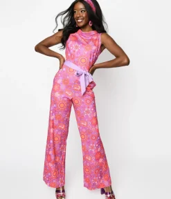 Unique Vintage Rompers & Jumpsuits|Rompers & Jumpsuits>Smak Parlour Groovy Orange Floral Cowl Neck Jumpsuit