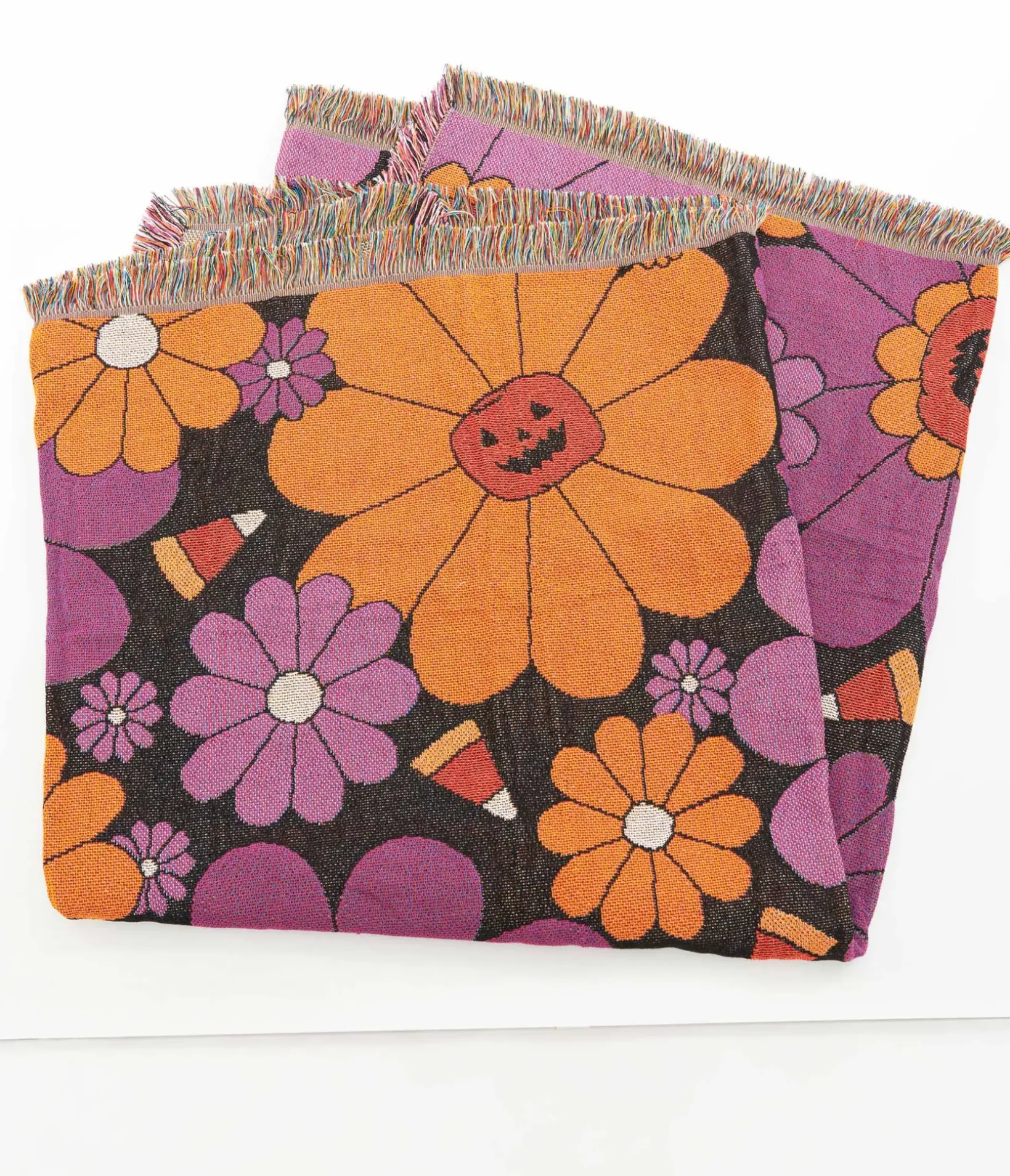 Unique Vintage Halloween|Gifts For The Home>Smak Parlour Groovy Pumpkin Floral Fringe Blanket