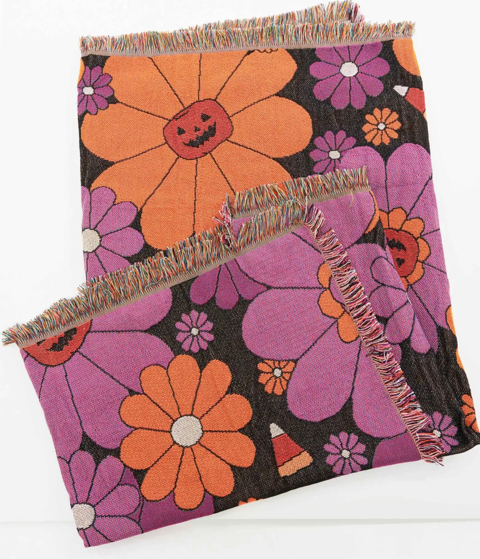 Unique Vintage Halloween|Gifts For The Home>Smak Parlour Groovy Pumpkin Floral Fringe Blanket