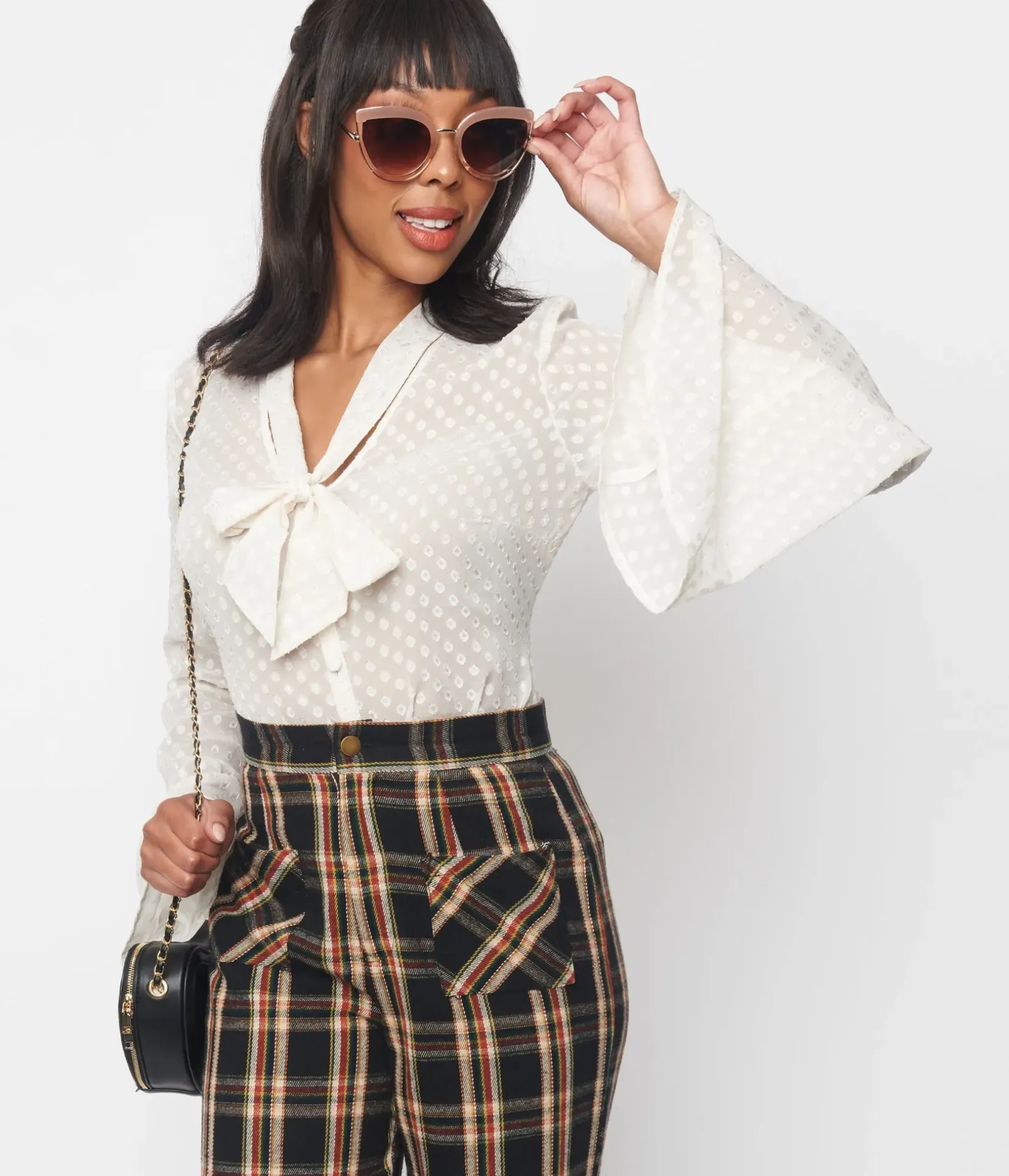 Unique Vintage Blouses|Blouses>Smak Parlour Ivory Diamond Clip Dot Bow Blouse