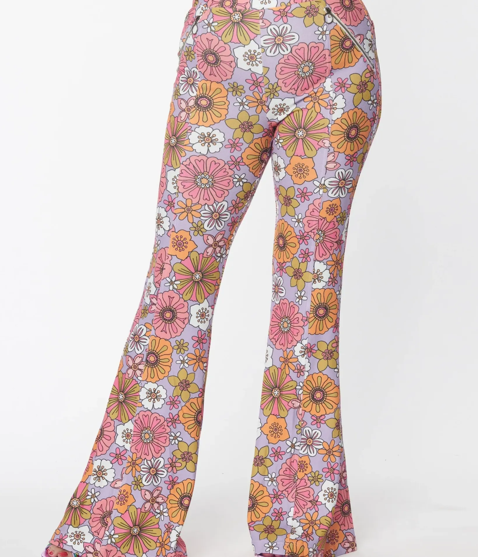 Unique Vintage Pants>Smak Parlour Lavender Retro Bloom Zipper Pocket Flare Pants
