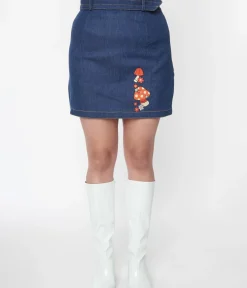 Unique Vintage Skirts|Skirts>Smak Parlour Mushroom Embroidered Denim Belted Mini Skirt