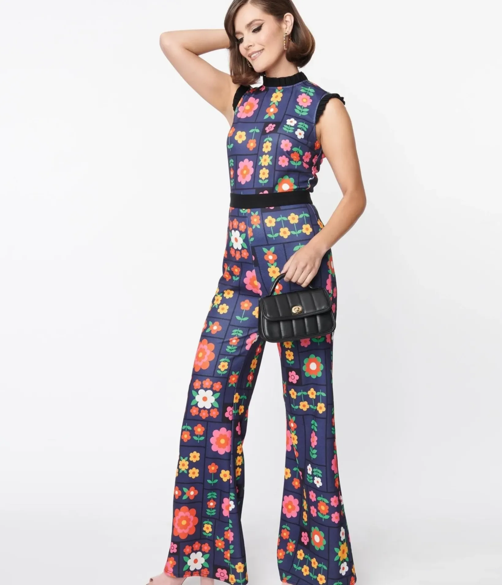 Unique Vintage Rompers & Jumpsuits>Smak Parlour Navy & Floral Wallpaper Back Bow Jumpsuit