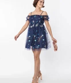 Unique Vintage Babydoll|Babydoll>Smak Parlour Navy Glitter Off the Shoulder Babydoll Dress